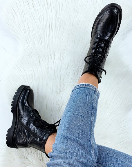 Black croc-effect ankle boots with chunky laces