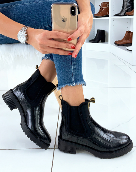 Black croc-effect ankle boots with golden tabs