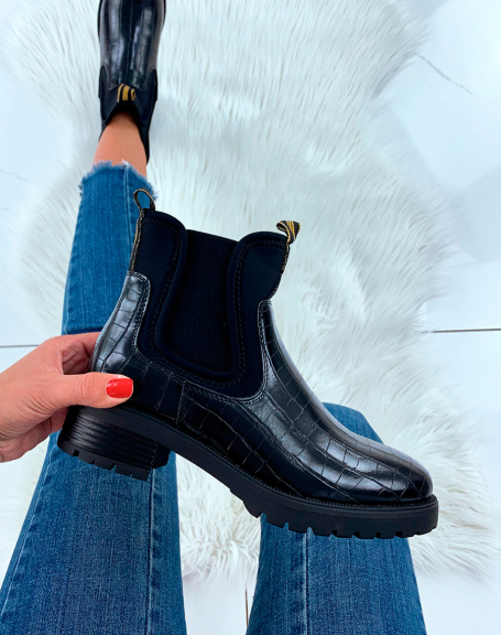 Black croc-effect ankle boots with golden tabs