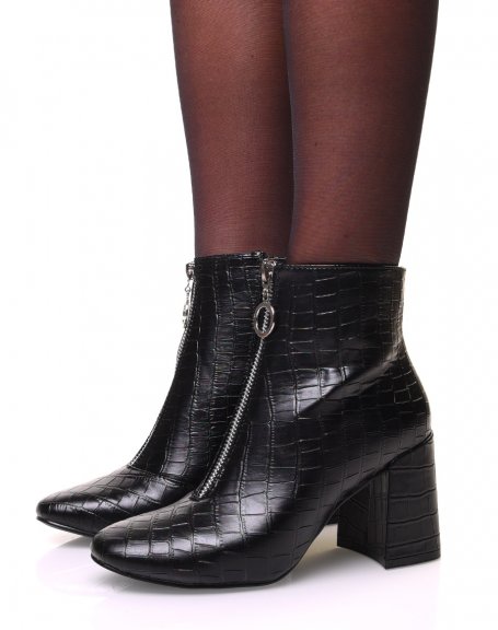 Black croc-effect ankle boots with heel
