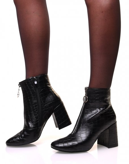 Black croc-effect ankle boots with heel
