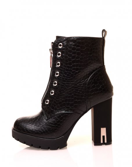 Black croc-effect ankle boots with high heels