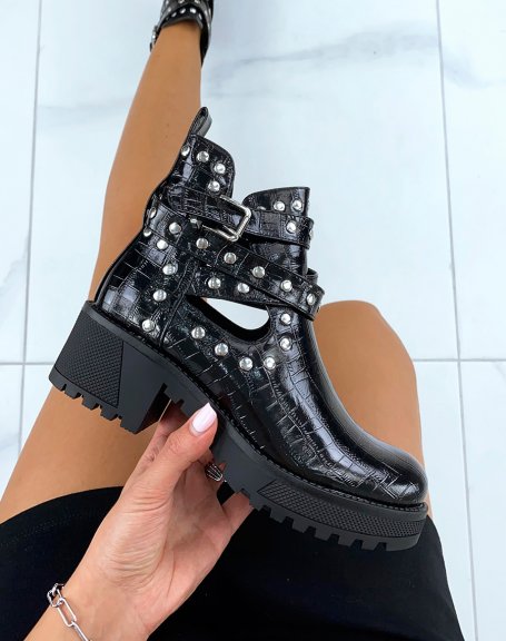 Black croc-effect ankle boots with studded straps