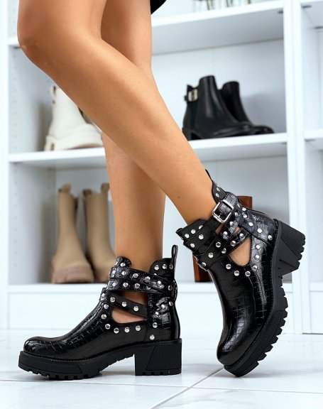 Black croc-effect ankle boots with studded straps