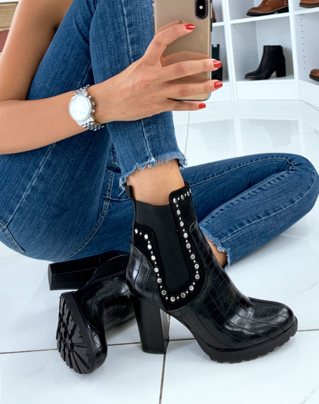Black croc-effect ankle boots with studs and heels