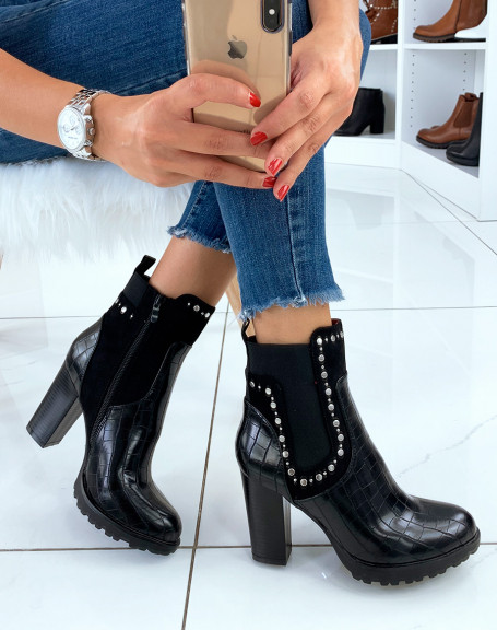 Black croc-effect ankle boots with studs and heels