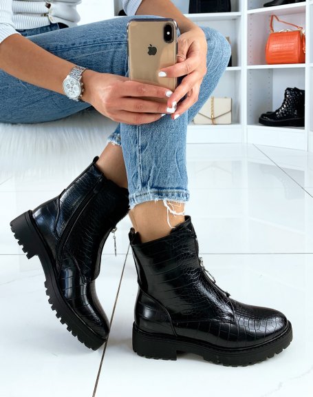 Black croc-effect ankle boots with zip