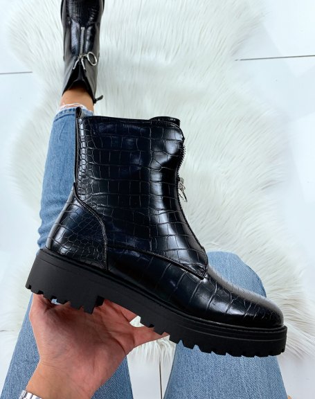 Black croc-effect ankle boots with zip