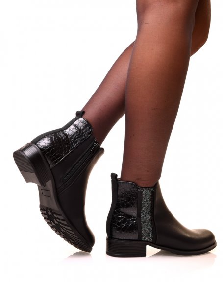 Black croc-effect bi-material ankle boots