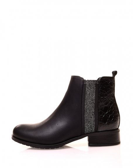 Black croc-effect bi-material ankle boots