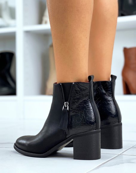 Black croc-effect bi-material square heel ankle boots