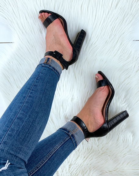 Black croc-effect block heel sandals