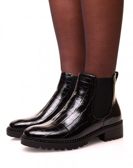 Black croc-effect Chelsea boot with beaded details