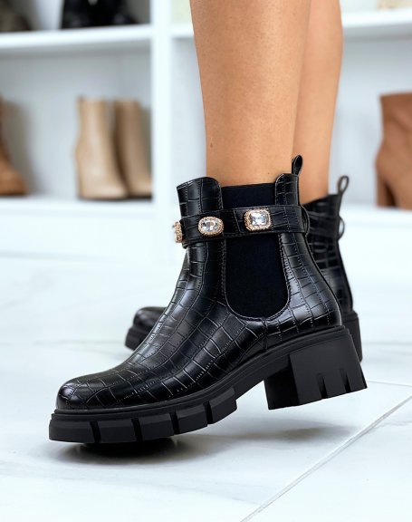 Black croc-effect Chelsea boots adorned with jewels