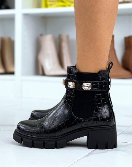 Black croc-effect Chelsea boots adorned with jewels