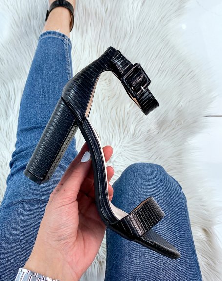 Black croc-effect chunky strap sandals