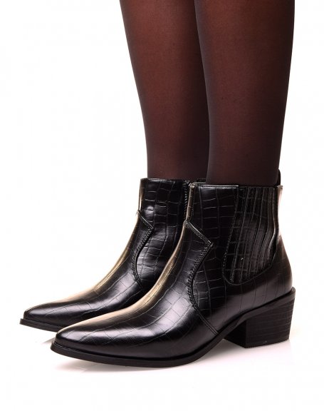 Black croc-effect cowboy boots with mid-high heel