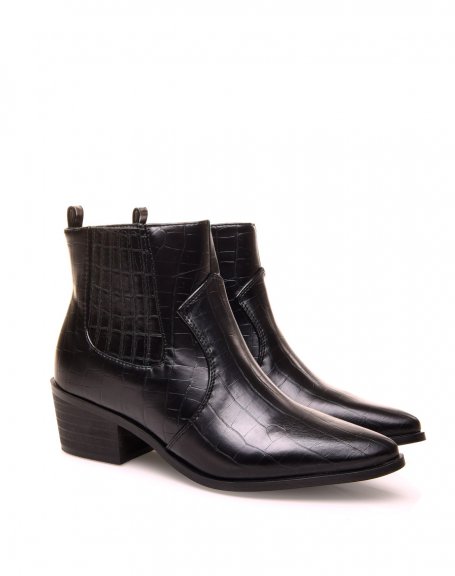 Black croc-effect cowboy boots with mid-high heel