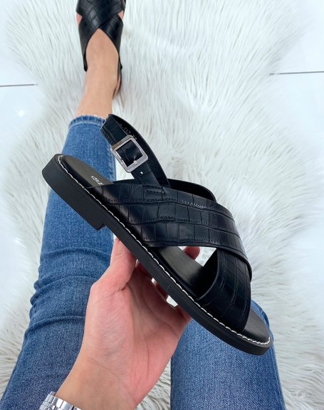 Black croc-effect criss-cross strap sandals