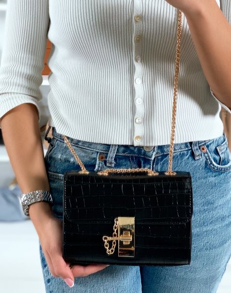 Black croc-effect cross-body bag with gold detail