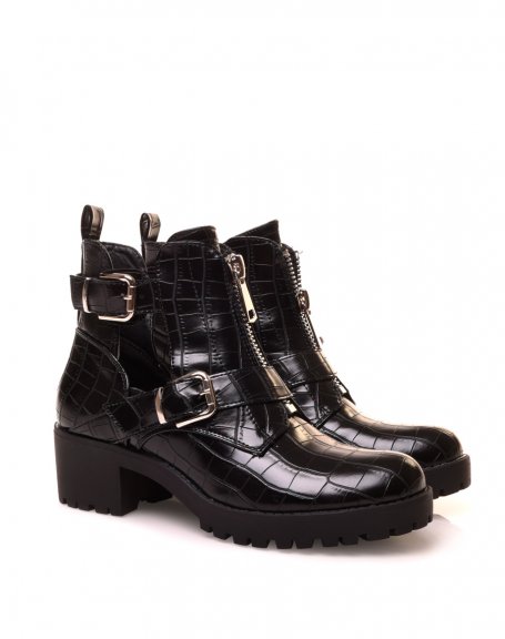 Black croc-effect double-strap open ankle boots