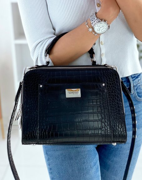 Black croc-effect double zip handbag