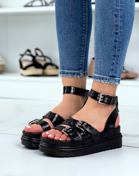 Black croc effect flat sandals with multiple adjustable straps