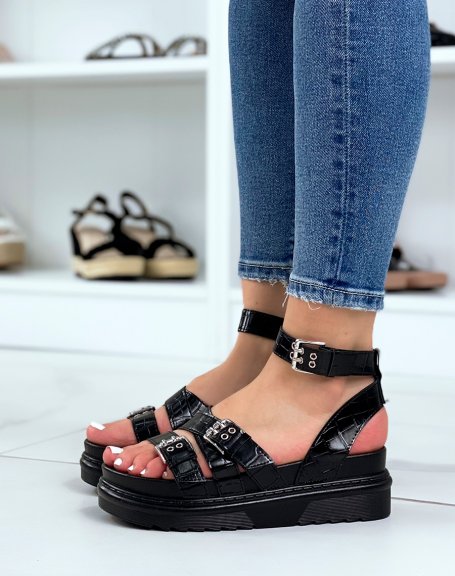 Black croc effect flat sandals with multiple adjustable straps