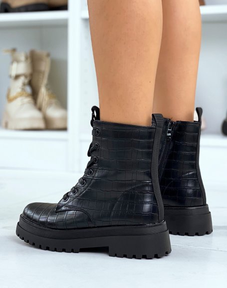 Black croc-effect grid lace-up ankle boots