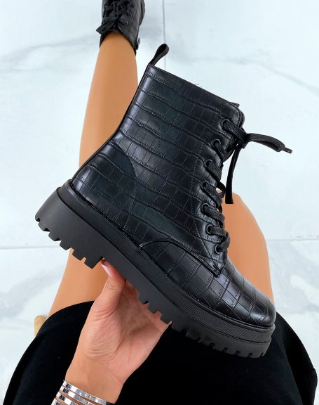 Black croc-effect grid lace-up ankle boots
