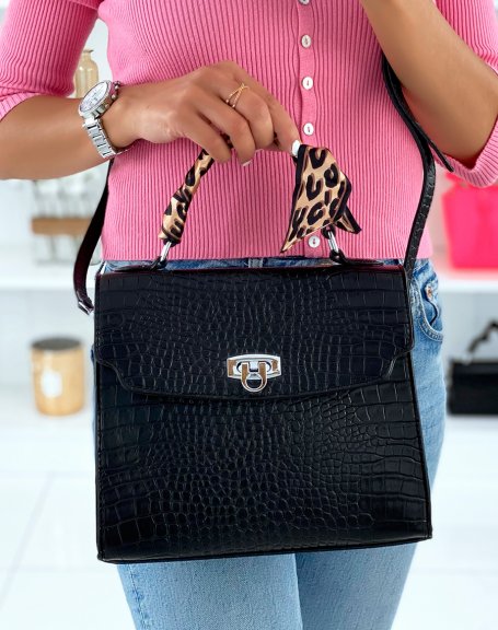 Black croc-effect handbag adorned with a scarf