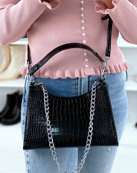 Black croc-effect handbag with chain