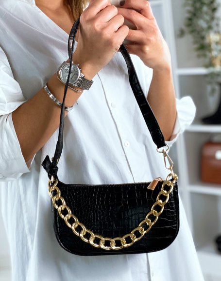 Black croc-effect handbag with golden chain