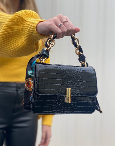 Black croc-effect handbag with scarf handle