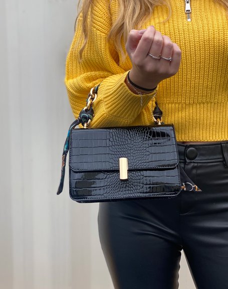 Black croc-effect handbag with scarf handle