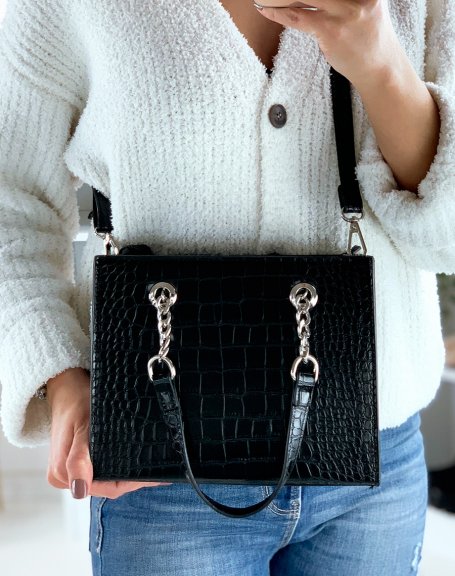 Black croc-effect handbag with silver chains