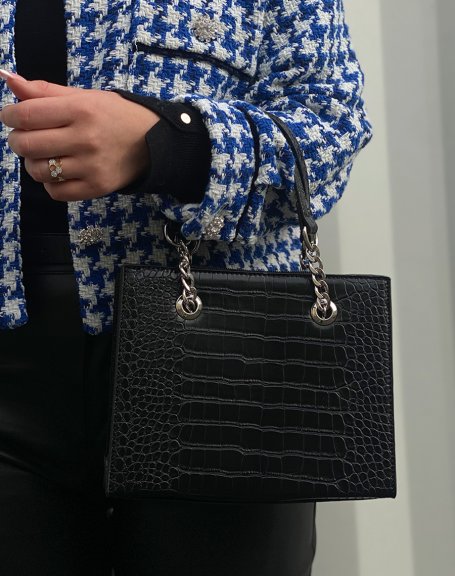 Black croc-effect handbag with silver chains