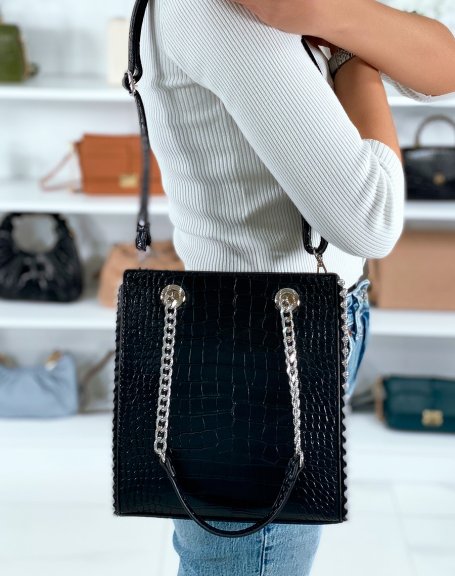 Black croc-effect handbag with silver pearls