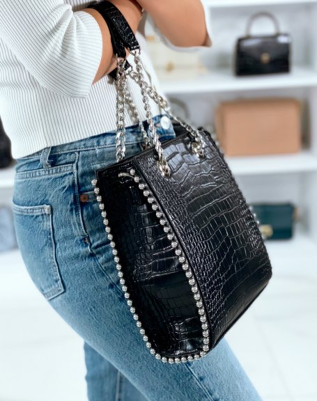 Black croc-effect handbag with silver pearls