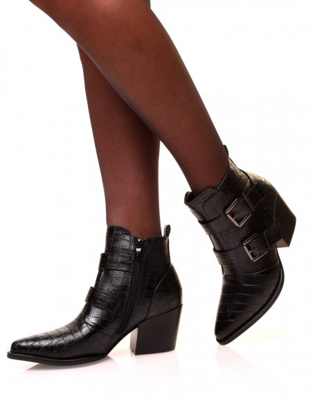 Black croc-effect heeled ankle boots