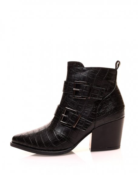 Black croc-effect heeled ankle boots