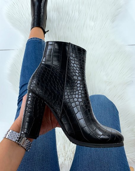 Black croc-effect heeled ankle boots with round toe