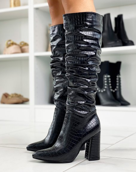 Black croc-effect heeled boots
