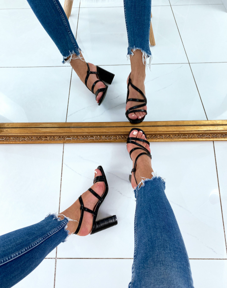Black croc-effect heeled sandals