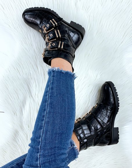 Black croc-effect high ankle boots with gold buckles