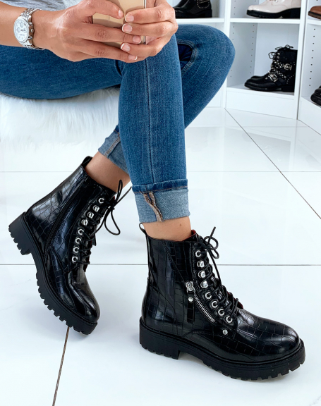 Black croc-effect high ankle boots with lace-up details and closures