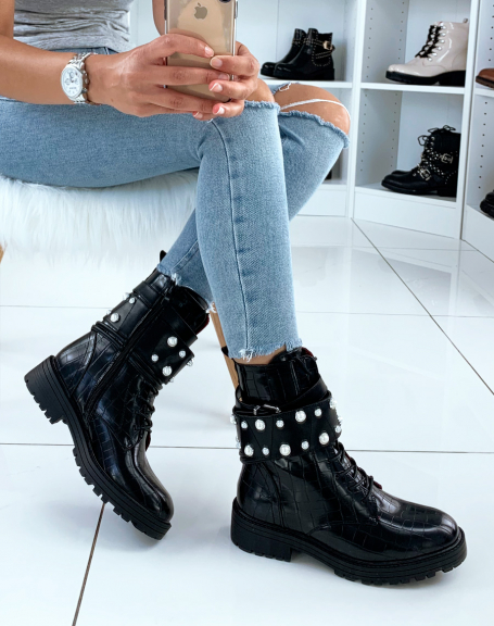 Black croc-effect high ankle boots with laces and wide straps adorned with pearls