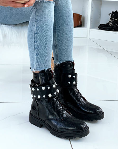 Black croc-effect high ankle boots with laces and wide straps adorned with pearls