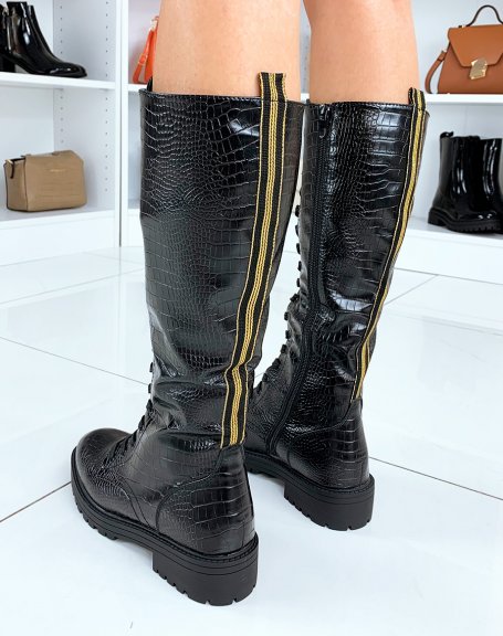Black croc-effect high boots with laces