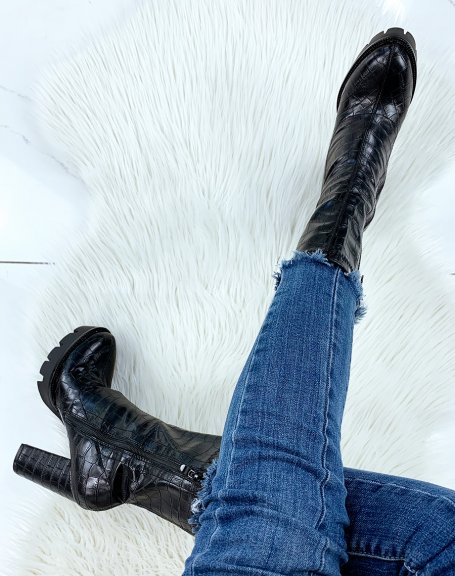 Black croc-effect high heel ankle boots